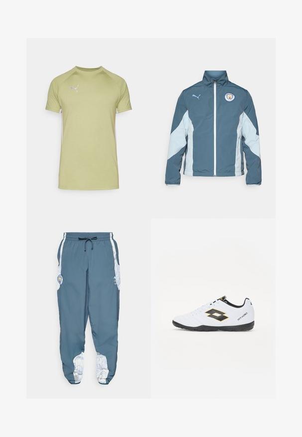 Windbreaker jacket in dark teal and light blue, featuring a zip front, high collar, and Manchester City logo on the chest.; Green short-sleeved t-shirt with a round neckline and raglan sleeves, featuring a white logo on the upper left chest and white side panels.; Track pants in blue fabric with elastic waistband and drawstring. Side accents feature a white pattern. Includes a brand logo patch.; White sports shoes with black and yellow accents, featuring a textured upper, round toe, and a black rubber sole. The design includes a logo detail on the side.