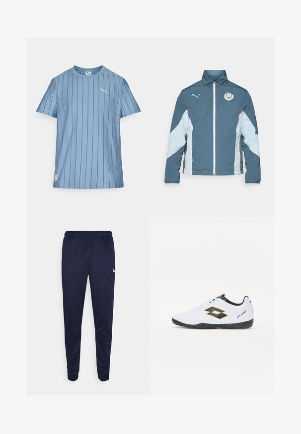 Windbreaker jacket in dark teal and light blue, featuring a zip front, high collar, and Manchester City logo on the chest.; Light blue short-sleeve t-shirt with vertical black stripes, round neckline, and small gold logo on the upper left chest. Soft fabric.; Navy athletic pants made from lightweight material, featuring an elastic waistband and tapered legs. Small white logo detail on the side.; White sports shoes with black and yellow accents, featuring a textured upper, round toe, and a black rubber sole. The design includes a logo detail on the side.