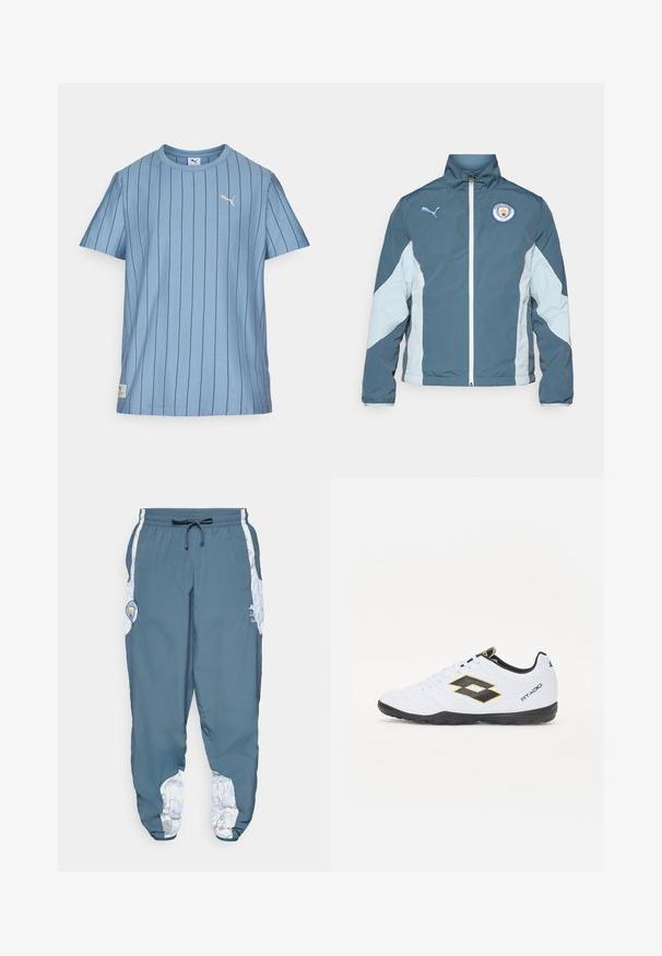 Tuulitakki tummansinisessä ja vaaleansinisessä, jossa on vetoketjukiinnitys, korkea kaulus ja Manchester Cityn logo rinnassa.; Vaaleansininen lyhythihainen t-paita, jossa on pystysuorat mustat raidat, pyöreä pääntie ja pieni kultainen logo vasemmassa ylärinnassa. Pehmeä kangas.; Sinisiä track-housuja, joissa on elastinen vyötärö ja naru. Sivusaumoissa on valkoinen kuviointi. Mukana brändin logopatch.; Valkoiset urheilukengät mustilla ja keltaisilla yksityiskohdilla, joissa on teksturoitu päällinen, pyöreä kärki ja musta kumipohja. Suunnittelussa on logotieto sivulla.