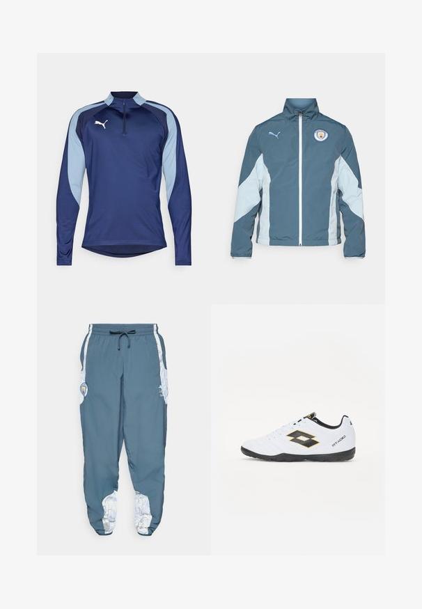 Vindjakke i mørk teal og lys blå, med glidelås foran, høy krage og Manchester City-logo på brystet.; Marineblå atletisk langermet skjorte med lyseblå sidelapper, halv-zip krage og hvit logo detalj. Laget av fukttransporterende stoff.; Trackbukser i blå stof med elastisk talje og snøre. Sideaccenter har et hvidt mønster. Inkluderer et mærke-logo patch.; Hvite sportsko med svarte og gule detaljer, med en teksturert overflate, rund tå og en svart gummisåle. Designet inkluderer et logodetalj på siden.