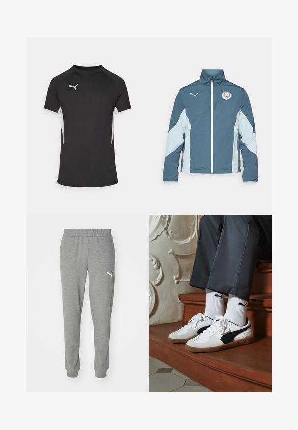 Windbreaker jacket in dark teal and light blue, featuring a zip front, high collar, and Manchester City logo on the chest.; Black short-sleeve athletic shirt featuring white side accents and a silver logo. Made of lightweight, smooth fabric with a crew neck design.; Gray sweatpants made of soft fabric, featuring an elastic waistband, tapered legs, and a white logo on the left thigh.; Puma sneakers in white and black suede, featuring a brown rubber sole. Paired with white socks displaying a black logo, worn with dark pants.