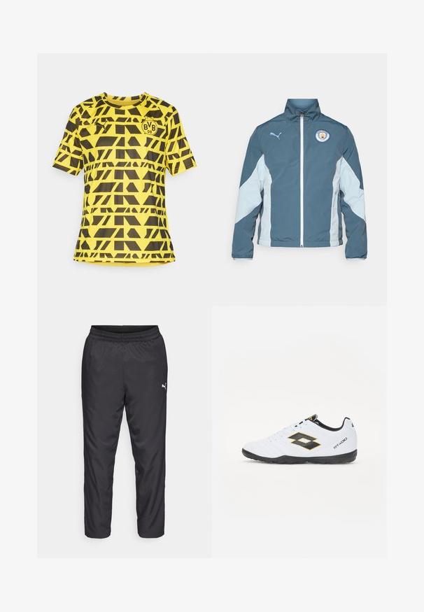 Bunda s větrovkou v tmavě modré a světle modré barvě, vybavená zipovým uzávěrem, vysokým límcem a logem Manchester City na hrudi.; Žlutý krátký rukáv dres s geometrickým černým vzorem, kulatým výstřihem a logem na levé hrudi, vyrobený z lehkého materiálu.; Černé sportovní kalhoty vyrobené z hladkého, lehkého materiálu. Mají elastický pas a malé bílé logo na levé straně.; Bílé sportovní boty s černými a žlutými akcenty, s texturovaným svrškem, kulatou špičkou a černou gumovou podrážkou. Design zahrnuje detail loga na boku.