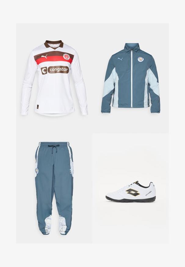 Vindjakke i mørk teal og lys blå, med glidelås foran, høy krage og Manchester City-logo på brystet.; Hvit langermet fotballdrakt med brun krage, som har røde og brune horisontale striper, et Puma-logo, og et "congstar" sponsorlogo.; Trackbukser i blå stof med elastisk talje og snøre. Sideaccenter har et hvidt mønster. Inkluderer et mærke-logo patch.; Hvite sportsko med svarte og gule detaljer, med en teksturert overflate, rund tå og en svart gummisåle. Designet inkluderer et logodetalj på siden.