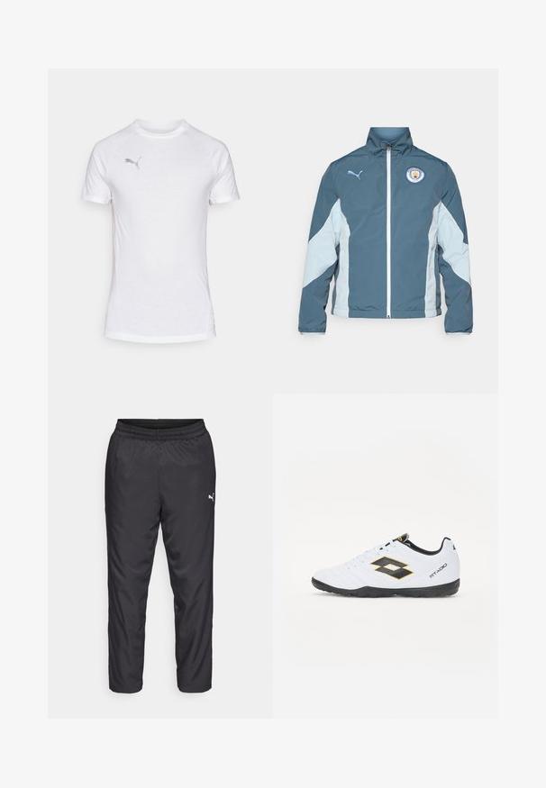 Tamsiai mėlynas ir šviesiai mėlynas vėjavėju, turintis užtrauktuką priekyje, aukštą apykaklę ir Mančesterio miesto logotipą ant krūtinės.; Balta trumpa rankovėmis sportinė marškinėlė su apykakle, pasižyminti tekstūruotu audiniu ir subtiliu pilku logotipu kairėje krūtinės pusėje.; Juodos sportinės kelnės, pagamintos iš lygaus, lengvo medžiagos. Savybės: elastinė juosmens juosta ir maža balta logotipas kairėje pusėje.; Baltos sportinės bateliai su juodais ir geltonais akcentais, turintys tekstūruotą viršutinę dalį, apvalią nosį ir juodą guminius padus. Dizainas apima logotipo detalę šone.