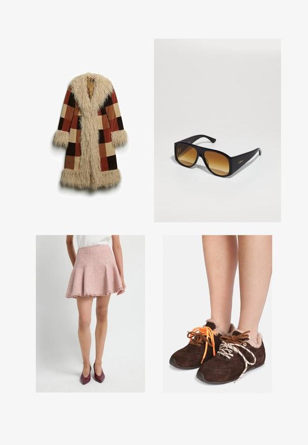 Lang frakke med krave og manchetter i kunstpels, med et ternet mønster i brun, rust og beige. Blødt, tekstureret ydermateriale.; Grå cropped sweater lavet af blødt, fuzzy materiale. Har lange ærmer og en rund halsudskæring med en glat, let tekstur.; Hvid kortærmet T-shirt lavet af blød bomuld, med rund halsudskæring og en afslappet pasform med omfoldede kantdetaljer. Ingen mønstre eller accenter.; Lys rosa, tekstureret, flagrende nederdel med en frynset kant. Fremstillet af vævet stof, har den en høj talje. Stylet med burgunder hæle.; Brune ruskinds slipsko med pelsfoder, båret uden sokker, med forskelligfarvede snørebånd: et orange og et hvidt med sorte striber.; Sorte rektangulære solbriller med brune gradientlinser. Lavet af plast, med en glat overflade og et diskret guld logo på stangen.