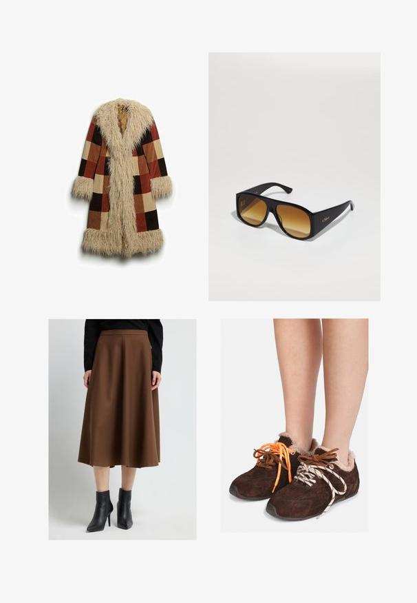 Langer Mantel mit einem Kragen und Bündchen aus Kunstfell, ausgestattet mit einem gestreiften Muster in Braun, Rost und Beige. Weiches, strukturiertes Außenmaterial.; Grauer, kürzerer Pullover aus weichem, flauschigem Material. Mit langen Ärmeln und rundem Ausschnitt, sowie einer glatten, leichten Textur.; Weißes Kurzarm-T-Shirt aus weicher Baumwolle, mit Rundhalsausschnitt und entspannter Passform sowie gerollten Säumen. Keine Muster oder Verzierungen.; Brauner knielanger Rock aus strukturiertem Stoff mit glattem Bund und ausgestelltem Design. Kombiniert mit schwarzen Stiefeletten.; Braune Wildleder-Slipper mit Fellfutter, die barfuß getragen werden, mit unpassenden Schnüren: eine orange und eine weiße mit schwarzen Streifen.; Schwarze rechteckige Sonnenbrille mit braunen Verlaufslinsen. Hergestellt aus Plastik, mit einer glatten Oberfläche und einem dezenten goldenen Logo am Bügel.