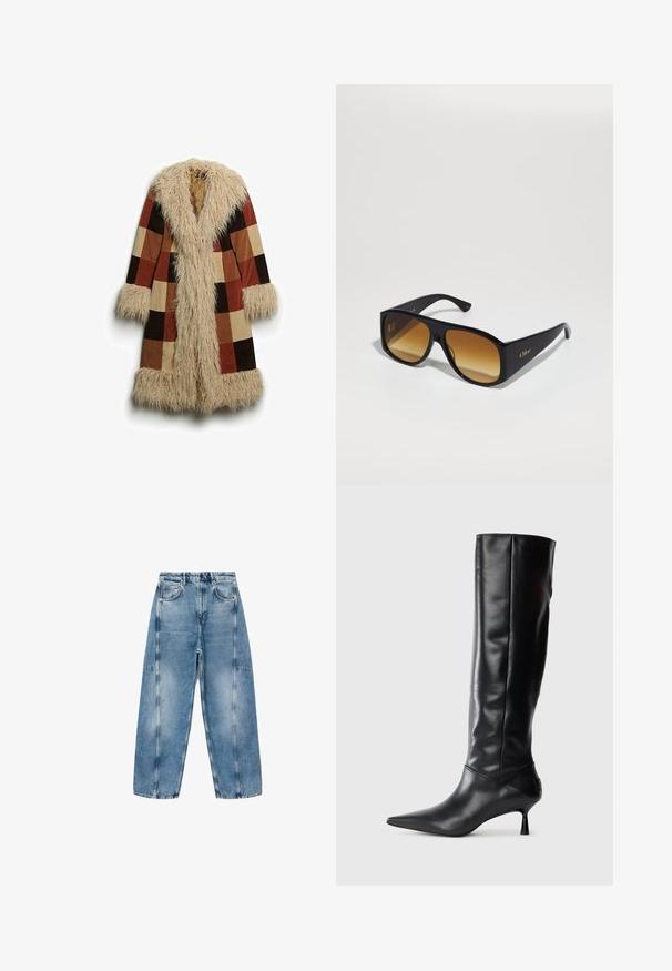 Długi płaszcz z sztucznym futrem przy kołnierzu i mankietach, w kratkę w odcieniach brązu, rdzy i beżu. Miękki, teksturowany materiał zewnętrzny.; Szary krótkostrzyżony sweter wykonany z miękkiego, puszystego materiału. Posiada długie rękawy i okrągły dekolt, z gładką, lekką teksturą.; Biała koszulka z krótkim rękawem, wykonana z miękkiej bawełny, z okrągłym dekoltem i luźnym krojem z podwiniętymi detalami. Bez wzorów ani akcentów.; Jasnoniebieskie dżinsy charakteryzują się luźnym krojem, dużymi kieszeniami i kontrastowym przeszyciem. Materiał ma wyblakłe wykończenie o gładkiej teksturze.; Czarne skórzane kozaki sięgające do kolana z ostrym noskiem i smukłym, zakrzywionym obcasem. Gładka tekstura, dopasowany krój i brak widocznych elementów ozdobnych lub wzorów.; Czarne prostokątne okulary przeciwsłoneczne z brązowymi gradientowymi soczewkami. Wykonane z tworzywa sztucznego, z gładką powierzchnią i subtelnym złotym logo na zausznicy.