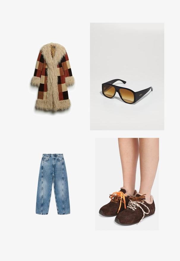 Lang frakke med krave og manchetter i kunstpels, med et ternet mønster i brun, rust og beige. Blødt, tekstureret ydermateriale.; Grå cropped sweater lavet af blødt, fuzzy materiale. Har lange ærmer og en rund halsudskæring med en glat, let tekstur.; Hvid kortærmet T-shirt lavet af blød bomuld, med rund halsudskæring og en afslappet pasform med omfoldede kantdetaljer. Ingen mønstre eller accenter.; Lysblå denim jeans har en afslappet pasform, store lommer og kontrasterende syninger. Stoffet har en falmet finish med en glat overflade.; Brune ruskinds slipsko med pelsfoder, båret uden sokker, med forskelligfarvede snørebånd: et orange og et hvidt med sorte striber.; Sorte rektangulære solbriller med brune gradientlinser. Lavet af plast, med en glat overflade og et diskret guld logo på stangen.