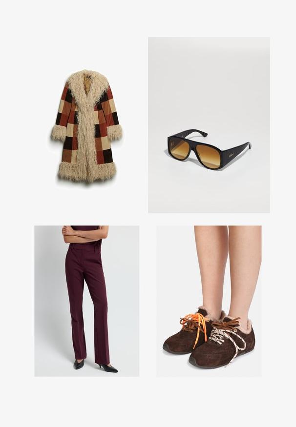 Lang jack met een nep-bont kraag en manchetten, met een geruiten patroon in bruin, roest en beige. Zacht, gestructureerd buitenmateriaal.; Grijze cropped trui gemaakt van zacht, fuzzy materiaal. Heeft lange mouwen en een ronde halslijn, met een gladde, lichte textuur.; Witte T-shirt met korte mouwen, gemaakt van zachte katoen, met een ronde halslijn en een ontspannen pasvorm met omgerolde zoomdetails. Geen patronen of accenten.; Bordeaux geklede broeken met een rechte pijpdesign, gemaakt van soepel materiaal. Voorzien van riemlussen en een ritsluiting. Gepoort met zwarte hakken.; Bruine leren instapschoenen met een voering van bont, gedragen op blote voeten, met mismatched veters: de ene is oranje en de andere is wit met zwarte strepen.; Zwarte rechthoekige zonnebril met bruine verlooplenzen. Gemaakt van plastic, met een glad oppervlak en een subtiele gouden logo op de poot.