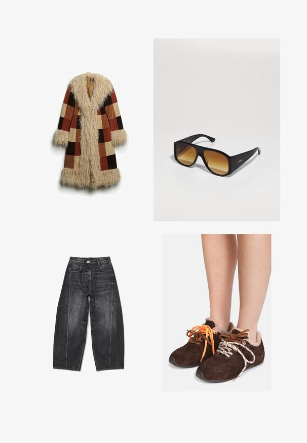 Długi płaszcz z sztucznym futrem przy kołnierzu i mankietach, w kratkę w odcieniach brązu, rdzy i beżu. Miękki, teksturowany materiał zewnętrzny.; Szary krótkostrzyżony sweter wykonany z miękkiego, puszystego materiału. Posiada długie rękawy i okrągły dekolt, z gładką, lekką teksturą.; Biała koszulka z krótkim rękawem, wykonana z miękkiej bawełny, z okrągłym dekoltem i luźnym krojem z podwiniętymi detalami. Bez wzorów ani akcentów.; Czarne jeansy o szerokich nogawkach z wyblakłym wykończeniem, posiadające pięć kieszeni i staranne przeszycia. Pas wyposażony jest w ozdobny guzik.; Brązowe zamszowe buty wsuwane z futrzanym wykończeniem noszone na gołych stopach, z niedopasowanymi sznurówkami: jedna pomarańczowa i jedna biała w czarne paski.; Czarne prostokątne okulary przeciwsłoneczne z brązowymi gradientowymi soczewkami. Wykonane z tworzywa sztucznego, z gładką powierzchnią i subtelnym złotym logo na zausznicy.