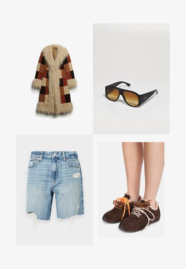 Lang jack met een nep-bont kraag en manchetten, met een geruiten patroon in bruin, roest en beige. Zacht, gestructureerd buitenmateriaal.; Grijze cropped trui gemaakt van zacht, fuzzy materiaal. Heeft lange mouwen en een ronde halslijn, met een gladde, lichte textuur.; Witte T-shirt met korte mouwen, gemaakt van zachte katoen, met een ronde halslijn en een ontspannen pasvorm met omgerolde zoomdetails. Geen patronen of accenten.; Lichtblauwe denim shorts met een hoge taille. Kenmerkt zich door versleten details met een rafelige zoom en meerdere zakken. Klassiek vijf-pocket ontwerp.; Bruine leren instapschoenen met een voering van bont, gedragen op blote voeten, met mismatched veters: de ene is oranje en de andere is wit met zwarte strepen.; Zwarte rechthoekige zonnebril met bruine verlooplenzen. Gemaakt van plastic, met een glad oppervlak en een subtiele gouden logo op de poot.