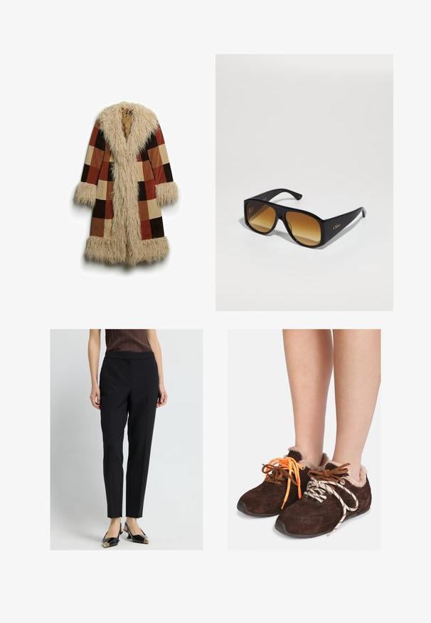 Długi płaszcz z sztucznym futrem przy kołnierzu i mankietach, w kratkę w odcieniach brązu, rdzy i beżu. Miękki, teksturowany materiał zewnętrzny.; Szary krótkostrzyżony sweter wykonany z miękkiego, puszystego materiału. Posiada długie rękawy i okrągły dekolt, z gładką, lekką teksturą.; Biała koszulka z krótkim rękawem, wykonana z miękkiej bawełny, z okrągłym dekoltem i luźnym krojem z podwiniętymi detalami. Bez wzorów ani akcentów.; Czarne dopasowane spodnie o gładkiej fakturze, z wąskim krojem i odwróconym pasem. Stylizowane z czarnymi spiczastymi szpilkami i złotymi akcentami.; Brązowe zamszowe buty wsuwane z futrzanym wykończeniem noszone na gołych stopach, z niedopasowanymi sznurówkami: jedna pomarańczowa i jedna biała w czarne paski.; Czarne prostokątne okulary przeciwsłoneczne z brązowymi gradientowymi soczewkami. Wykonane z tworzywa sztucznego, z gładką powierzchnią i subtelnym złotym logo na zausznicy.