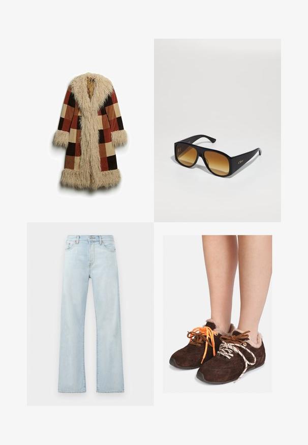 Długi płaszcz z sztucznym futrem przy kołnierzu i mankietach, w kratkę w odcieniach brązu, rdzy i beżu. Miękki, teksturowany materiał zewnętrzny.; Szary krótkostrzyżony sweter wykonany z miękkiego, puszystego materiału. Posiada długie rękawy i okrągły dekolt, z gładką, lekką teksturą.; Biała koszulka z krótkim rękawem, wykonana z miękkiej bawełny, z okrągłym dekoltem i luźnym krojem z podwiniętymi detalami. Bez wzorów ani akcentów.; Jasnoniebieskie dżinsy o wysokim stanem, szerokiej nogawce i delikatnym wyblaknięciu. Posiadają klasyczny pięciokomorowy styl oraz stonowane akcenty nici.; Brązowe zamszowe buty wsuwane z futrzanym wykończeniem noszone na gołych stopach, z niedopasowanymi sznurówkami: jedna pomarańczowa i jedna biała w czarne paski.; Czarne prostokątne okulary przeciwsłoneczne z brązowymi gradientowymi soczewkami. Wykonane z tworzywa sztucznego, z gładką powierzchnią i subtelnym złotym logo na zausznicy.