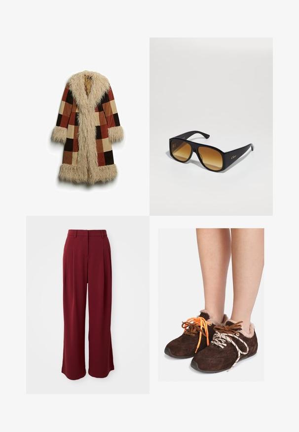 Lang jack met een nep-bont kraag en manchetten, met een geruiten patroon in bruin, roest en beige. Zacht, gestructureerd buitenmateriaal.; Grijze cropped trui gemaakt van zacht, fuzzy materiaal. Heeft lange mouwen en een ronde halslijn, met een gladde, lichte textuur.; Witte T-shirt met korte mouwen, gemaakt van zachte katoen, met een ronde halslijn en een ontspannen pasvorm met omgerolde zoomdetails. Geen patronen of accenten.; Bordeauxkleurige wijde broek met plooien, gemaakt van soepel weefsel. Heeft een platte tailleband en geen zichtbare zakken.; Bruine leren instapschoenen met een voering van bont, gedragen op blote voeten, met mismatched veters: de ene is oranje en de andere is wit met zwarte strepen.; Zwarte rechthoekige zonnebril met bruine verlooplenzen. Gemaakt van plastic, met een glad oppervlak en een subtiele gouden logo op de poot.