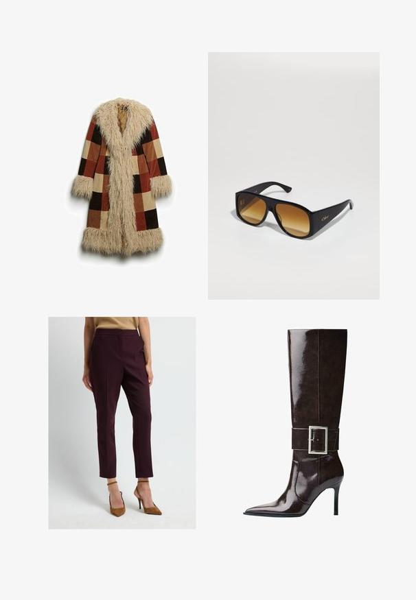 Długi płaszcz z sztucznym futrem przy kołnierzu i mankietach, w kratkę w odcieniach brązu, rdzy i beżu. Miękki, teksturowany materiał zewnętrzny.; Szary krótkostrzyżony sweter wykonany z miękkiego, puszystego materiału. Posiada długie rękawy i okrągły dekolt, z gładką, lekką teksturą.; Biała koszulka z krótkim rękawem, wykonana z miękkiej bawełny, z okrągłym dekoltem i luźnym krojem z podwiniętymi detalami. Bez wzorów ani akcentów.; Bordowe spodnie w kant o dopasowanym kroju, długości do kostek, z wysokim stanem, w połączeniu z tanowymi szpilkami. Gładki, usztywniony materiał.; Ciemnobrązowe, skórzane botki do kolan z ostry szpic, szpilką oraz szerokim paskiem z dużą prostokątną srebrną klamrą.; Czarne prostokątne okulary przeciwsłoneczne z brązowymi gradientowymi soczewkami. Wykonane z tworzywa sztucznego, z gładką powierzchnią i subtelnym złotym logo na zausznicy.