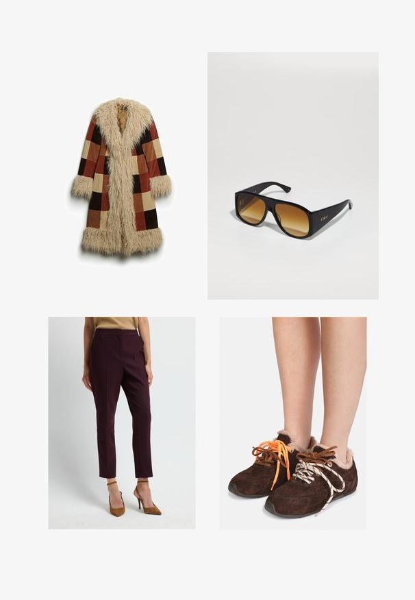 Lang jack met een nep-bont kraag en manchetten, met een geruiten patroon in bruin, roest en beige. Zacht, gestructureerd buitenmateriaal.; Grijze cropped trui gemaakt van zacht, fuzzy materiaal. Heeft lange mouwen en een ronde halslijn, met een gladde, lichte textuur.; Witte T-shirt met korte mouwen, gemaakt van zachte katoen, met een ronde halslijn en een ontspannen pasvorm met omgerolde zoomdetails. Geen patronen of accenten.; Bordeaux gepersonaliseerde broek met plooidetails, enkellang, hoge taille, gecombineerd met tan hoge hakken. Soepele, gestructureerde stof.; Bruine leren instapschoenen met een voering van bont, gedragen op blote voeten, met mismatched veters: de ene is oranje en de andere is wit met zwarte strepen.; Zwarte rechthoekige zonnebril met bruine verlooplenzen. Gemaakt van plastic, met een glad oppervlak en een subtiele gouden logo op de poot.