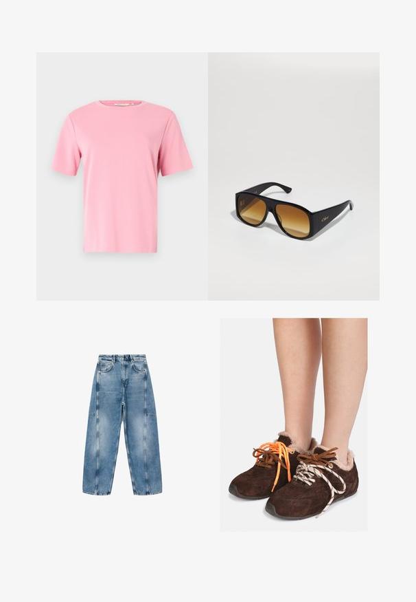 Abrigo largo con un cuello y puños de piel sintética, con un patrón a cuadros en marrón, óxido y beige. Material exterior suave y texturizado.; Suéter corto gris hecho de material suave y peludo. Presenta mangas largas y un escote redondo, con una textura ligera y suave.; Camiseta de manga corta rosa hecha de suave tela de algodón. Cuello redondo clásico y un corte relajado sin patrones ni decoraciones adicionales.; Los pantalones vaqueros de denim azul claro tienen un ajuste relajado, grandes bolsillos y costuras en contraste. La tela tiene un acabado desgastado con una textura suave.; Zapatos de ante marrón de tipo slip-on con forro de piel de pelo, llevados sin calcetines, que presentan cordones desiguales: uno naranja y otro blanco con rayas negras.; Gafas de sol rectangulares negras con lentes marrones en degradado. Hechas de plástico, con una superficie suave y un sutil logo dorado en la patilla.