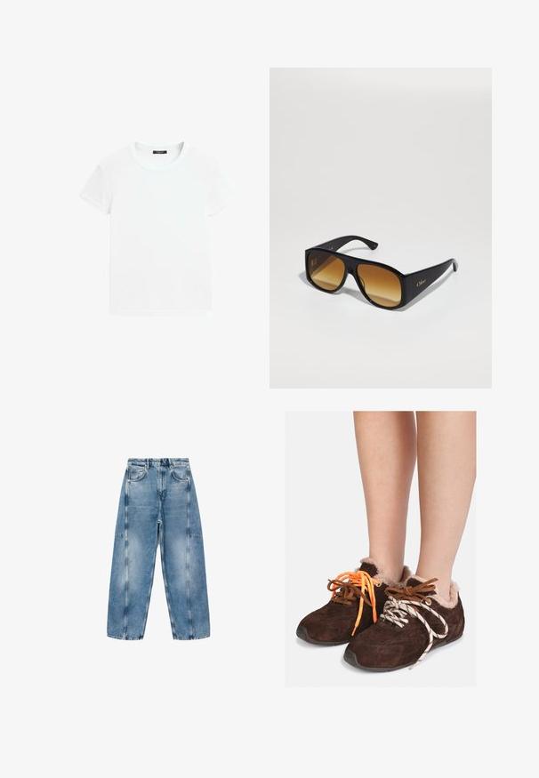 Lang jack met een nep-bont kraag en manchetten, met een geruiten patroon in bruin, roest en beige. Zacht, gestructureerd buitenmateriaal.; Grijze cropped trui gemaakt van zacht, fuzzy materiaal. Heeft lange mouwen en een ronde halslijn, met een gladde, lichte textuur.; Witte T-shirt met korte mouwen, gemaakt van zachte katoen, met een ronde halslijn en een ontspannen pasvorm met omgerolde zoomdetails. Geen patronen of accenten.; Lichtblauwe denim jeans hebben een relaxte pasvorm, grote zakken en contrasterende stiksels. De stof heeft een vervaagde afwerking met een soepele textuur.; Bruine leren instapschoenen met een voering van bont, gedragen op blote voeten, met mismatched veters: de ene is oranje en de andere is wit met zwarte strepen.; Zwarte rechthoekige zonnebril met bruine verlooplenzen. Gemaakt van plastic, met een glad oppervlak en een subtiele gouden logo op de poot.