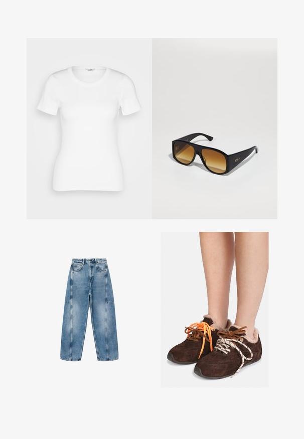 Długi płaszcz z sztucznym futrem przy kołnierzu i mankietach, w kratkę w odcieniach brązu, rdzy i beżu. Miękki, teksturowany materiał zewnętrzny.; Szary krótkostrzyżony sweter wykonany z miękkiego, puszystego materiału. Posiada długie rękawy i okrągły dekolt, z gładką, lekką teksturą.; Biała bawełniana koszulka z krótkim rękawem, okrągłym dekoltem i prążkowaną fakturą. Dopasowany krój z gładkim, czystym wykończeniem.; Jasnoniebieskie dżinsy charakteryzują się luźnym krojem, dużymi kieszeniami i kontrastowym przeszyciem. Materiał ma wyblakłe wykończenie o gładkiej teksturze.; Brązowe zamszowe buty wsuwane z futrzanym wykończeniem noszone na gołych stopach, z niedopasowanymi sznurówkami: jedna pomarańczowa i jedna biała w czarne paski.; Czarne prostokątne okulary przeciwsłoneczne z brązowymi gradientowymi soczewkami. Wykonane z tworzywa sztucznego, z gładką powierzchnią i subtelnym złotym logo na zausznicy.