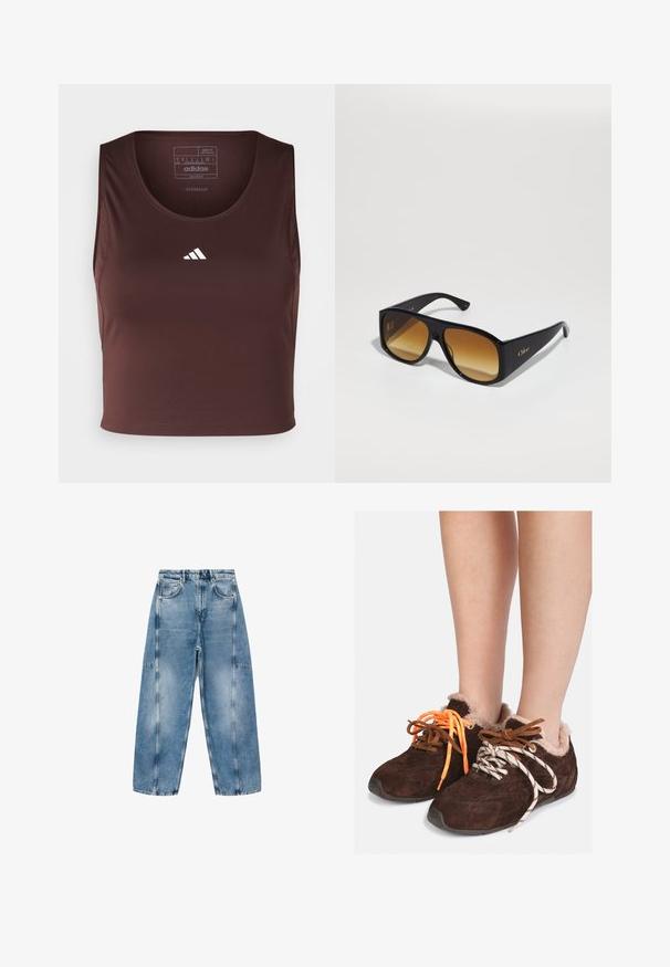 Cappotto lungo con colletto e polsini in pelliccia sintetica, caratterizzato da un motivo a quadri in marrone, ruggine e beige. Materiale esterno morbido e texturizzato.; Maglione grigio corto realizzato in materiale morbido e peluche. Presenta maniche lunghe e un collo tondo, con una texture liscia e leggera.; adidas Performance TECHFIT CROPPED - Top - shadow brown; I jeans in denim azzurro chiaro presentano una vestibilità rilassata, ampie tasche e cuciture a contrasto. Il tessuto ha una finitura scolorita con una texture liscia.; Scarpe slip-on in suede marrone con fodera in pelliccia, indossate a piedi nudi, con lacci di colori assortiti: uno arancione e uno bianco con strisce nere.; Occhiali da sole neri a forma rettangolare con lenti sfumate marroni. Realizzati in plastica, presentano una superficie liscia e un sottile logo dorato sulla tempia.