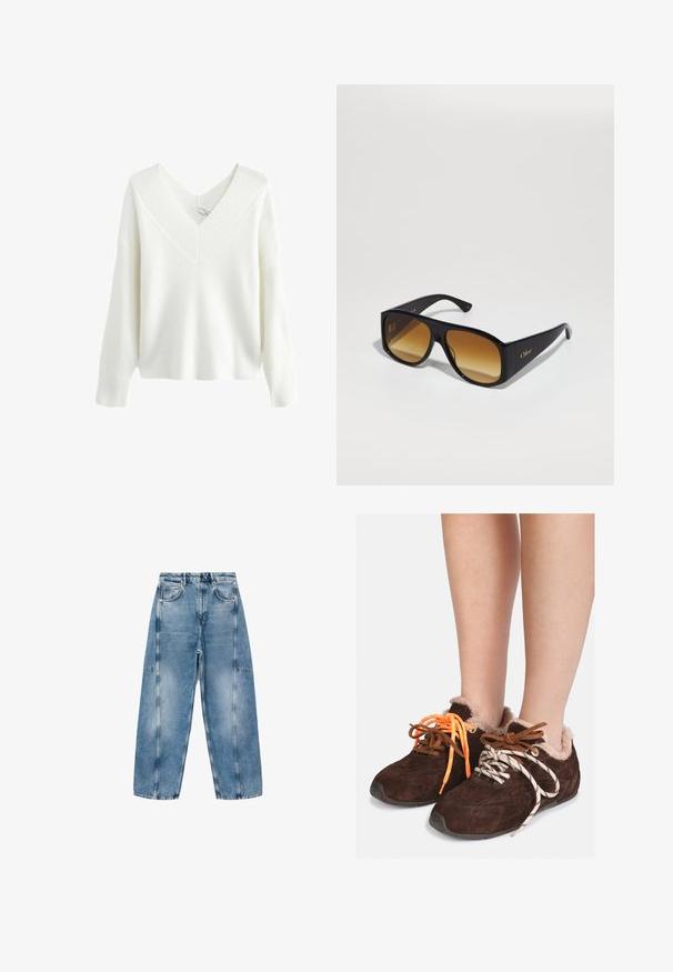 Long coat with a faux fur collar and cuffs, featuring a checkered pattern in brown, rust, and beige. Soft, textured outer material.; White ribbed sweater with a deep V-neck, long sleeves, and a relaxed fit. The texture features vertical lines, enhancing its design.; White short-sleeve T-shirt made of soft cotton, featuring a round neckline and a relaxed fit with rolled hem details. No patterns or accents.; Light blue denim jeans feature a relaxed fit, large pockets, and contrasting stitching. The fabric has a faded finish with a smooth texture.; Brown suede slip-on shoes with fur lining worn on bare feet, featuring mismatched laces: one orange and one white with black stripes.; Black rectangular sunglasses with brown gradient lenses. Made of plastic, featuring a smooth surface and a subtle gold logo on the temple.