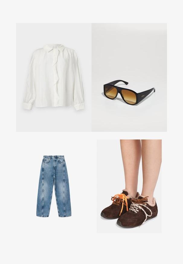 Lang jack met een nep-bont kraag en manchetten, met een geruiten patroon in bruin, roest en beige. Zacht, gestructureerd buitenmateriaal.; Witte knoopshirt met een gerimpelde strook, lange mouwen en een klassieke kraag. Gelaagd stof met subtiele verticale lijnen.; Witte T-shirt met korte mouwen, gemaakt van zachte katoen, met een ronde halslijn en een ontspannen pasvorm met omgerolde zoomdetails. Geen patronen of accenten.; Lichtblauwe denim jeans hebben een relaxte pasvorm, grote zakken en contrasterende stiksels. De stof heeft een vervaagde afwerking met een soepele textuur.; Bruine leren instapschoenen met een voering van bont, gedragen op blote voeten, met mismatched veters: de ene is oranje en de andere is wit met zwarte strepen.; Zwarte rechthoekige zonnebril met bruine verlooplenzen. Gemaakt van plastic, met een glad oppervlak en een subtiele gouden logo op de poot.