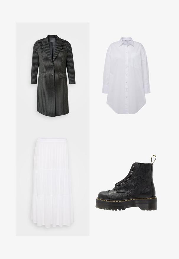 Juodas smiginio rašto ilgas paltas su iškirptėmis apykaklėmis, dviem priekinių kišenių ir vienu mygtuko uždarymu. Medžiaga atrodo struktūruota su lygiu paviršiumi.; Balta marškiniai su apykakle, kairėje krūtinės pusėje viena kišenė, ilgos rankovės su sagomis ir išlenktu pašvuostu. Pagaminta iš medvilnės.; Baltas sluoksniuotas maksi sijonas, pagamintas iš lengvos medžiagos, su elastingu juosmeniu ir plazdančia tekstūra, kurią puošia subtilūs raukšlėjimosi detalės.; Juodas odinis aulinukas iki kulkšnies su tekstūruotu paviršiumi, apvaliu pirštu, raištelių uždarymo dizainu, geltonomis siūlėmis ir storu, briaunotu juodu platformos padu.