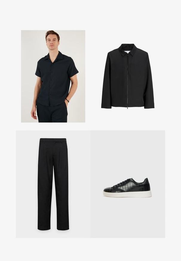 Črna jakna na zadrgo s ovratnikom, dvema žepoma na prsih, dolgimi rokavi in gladko, mat teksturo. Brez dodatnih vzorcev ali okraskov.; Črna majica s kratkimi rokavi in ovratnikom, z rebrasto teksturo in gumbom spredaj. V kompletu z ujemajočimi se hlačami, kar ustvarja usklajen videz.; Črne hlače iz gladkega materiala, s krojem ravne noge, dvema sprednjima pregiboma in standardnim pasom z zankami za pas.; Črne športne copate z zgornjim delom iz teksturirane usnjene tkanine s kroko, zaobljenim nosom in kontrastnim belim gumijastim podplatom z gladko površino.