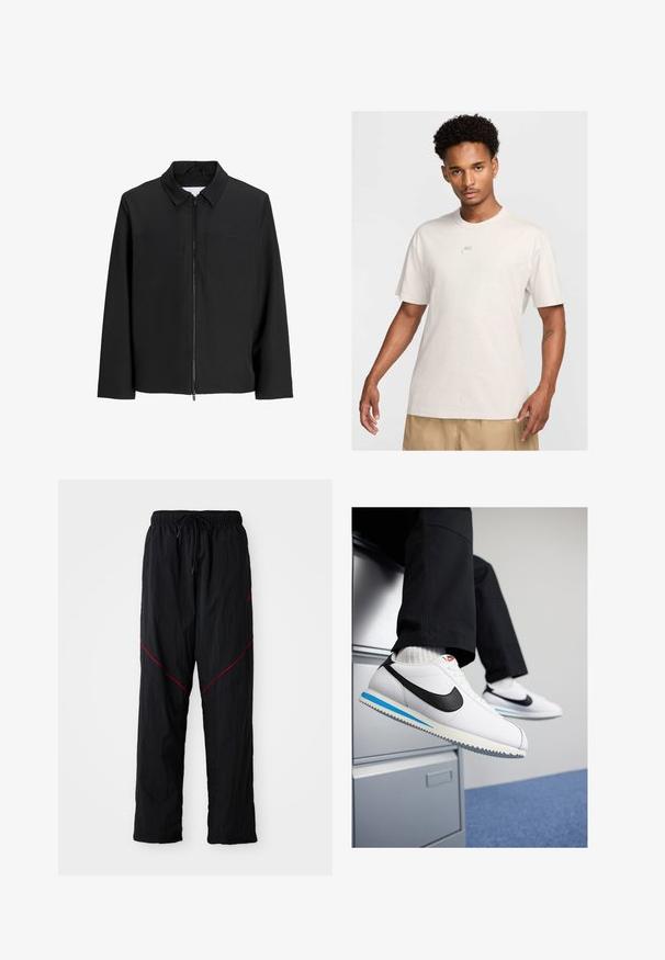 Črna jakna na zadrgo s ovratnikom, dvema žepoma na prsih, dolgimi rokavi in gladko, mat teksturo. Brez dodatnih vzorcev ali okraskov.; Moški s kratkimi kodrastimi lasmi nosi bež Nike majico in khaki kratke hlače, obrnjeni naprej proti enostavni svetli ozadju.; Črne športne hlače z teksturiranim zaključkom, z vrvico za prilagajanje v pasu, rdečimi detajli in ohlapnim krojem.; Bele usnjene teniske z črnim Nikeovim simbolom, svetlo modrim in sivo gumijastim podplatom ter klasičnim vezalnim dizajnom. Noge so poležane na omarici za dokumente.