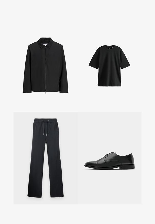 Crna jakna s patentnim zatvaračem i ovratnikom, dva džepa na prsima, duge rukave te glatku, mat teksturu. Bez dodatnih uzoraka ili ukrasa.; Crna majica kratkih rukava od pamuka, s kružnim izrezom i širokim krojem, mekane teksture i minimalnim detaljima.; Crne hlače širokih nogavica od mekanog materijala. Imaju elastičnu licu s vezicom i suptilni sjaj. Bez vidljivih uzoraka ili naglasaka.; Crne kožne cipele s okruglim prstom, s vezanjem, suptilnim detaljima šivanja i niskim potplatima. Glatka tekstura s poliranim finišem.