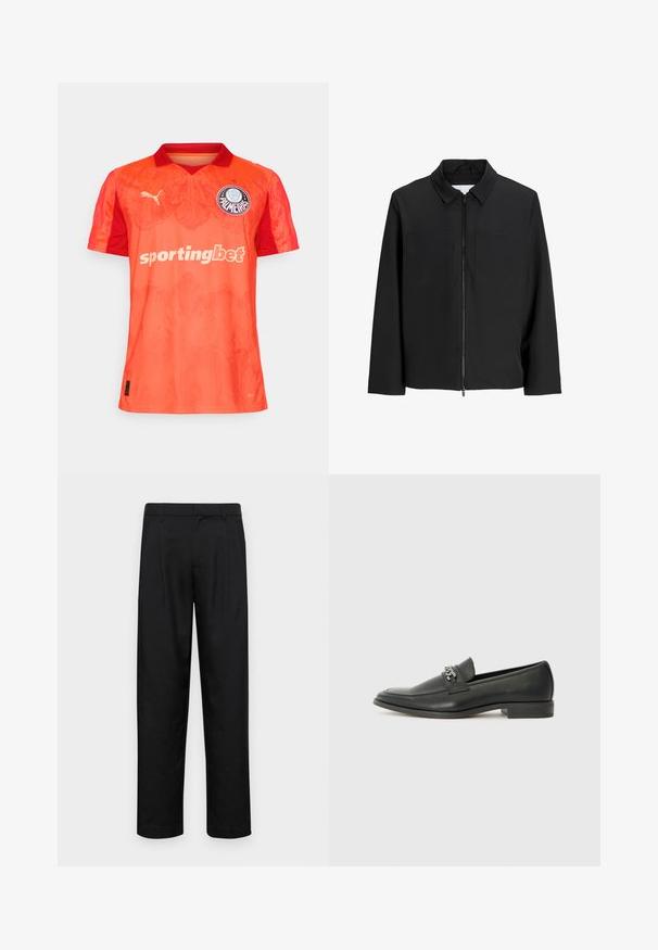 Must järjehoidja, kahe rinna tasku, pikad varrukad ja sile, mati tekstuuriga must jakki. Ilma lisamustrite või kaunistusteta.; Oranž spordipluus gradientdisainiga, lühikeste varrukatega, krae ja logo kirjakohaga. Valmistatud hingavast kangast mugavuse tagamiseks.; Mustad mustadest riietest, millel on sirge jalgade disain, kaks eesmist voltimist ja tavaline vöökoht, millel on vöökohad.; Must haveate nahkking punased, millel on sile viimistlus, tikitud muster ja dekoratiivne metallkett vampi üle. Tasane konts.