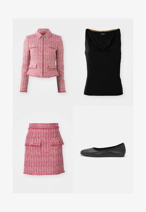Roze tweed jasje met een getailleerd silhouet, gouden ritssluiting, vier voorzakken en een rafelige zoom. Heeft een kraaghalslijn en lange mouwen.; Zwarte mouwloze top met een gedrapeerde halslijn en een gouden kettingaccent op de schouder. Gemaakt van een zachte stof met een getailleerde snit.; Roze tweed rok met een gestructureerde weving, twee voorzakken met franjes aan de randen en een subtiele metallic accent.; Zwarte leren ballerina met een ronde neus, gladde textuur, minimale stikdetails en een flexibele zoolontwerp.