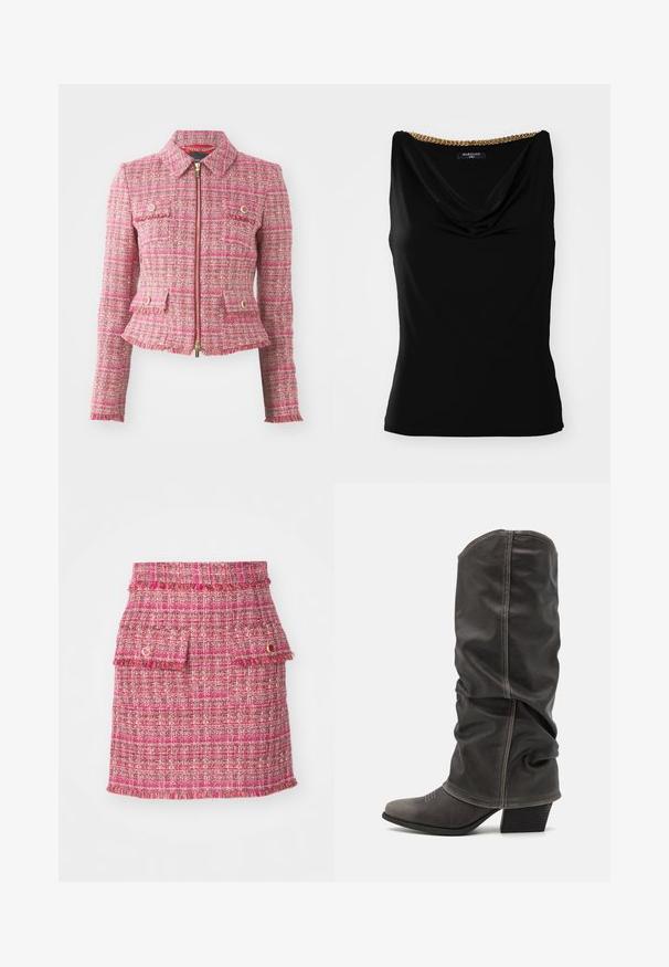 Giacca in tweed rosa con una silhouette aderente, zip dorata, quattro tasche frontali e orlo sfilacciato. Presenta un collo a camicia e maniche lunghe.; Top nero senza maniche con scollo drappeggiato e un dettaglio in catena dorata sulla spalla. Realizzato in tessuto morbido con una vestibilità attillata.; Gonna in tweed rosa con una trama testurizzata, due tasche frontali con bordi sfilacciati e un sottile accento metallico.; Stivali in pelle grigia al polpaccio con un design morbido, punta affilata e tacco impilato. Dettagli di cucitura evidenti nell'area della punta.