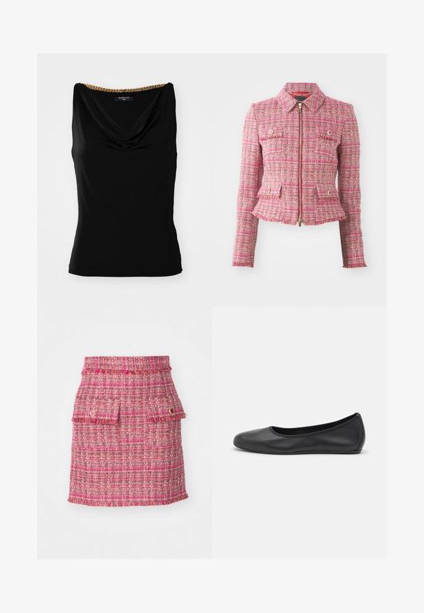 Roza tweed jakna s prilegajočo silhueto, zlatim zadrgo, štirimi sprednjimi žepi in raztrganim robom. Ima ovratnik in dolge rokave.; Črna brezrokavnica z drapiranim ovratnikom in zlatim verižnim poudarkom na rami. Narejena iz gladkega materiala s prilegajočim krojem.; Roza šalčka krilo z teksturirano tkanino, dvema sprednjima žepoma s frinžastimi robovi in subtilnim kovinskim naglasom.; Črne usnjene balerinke z zaobljenim nosom, gladko teksturo, minimalnimi šivi in fleksibilno zasnovo podplata.