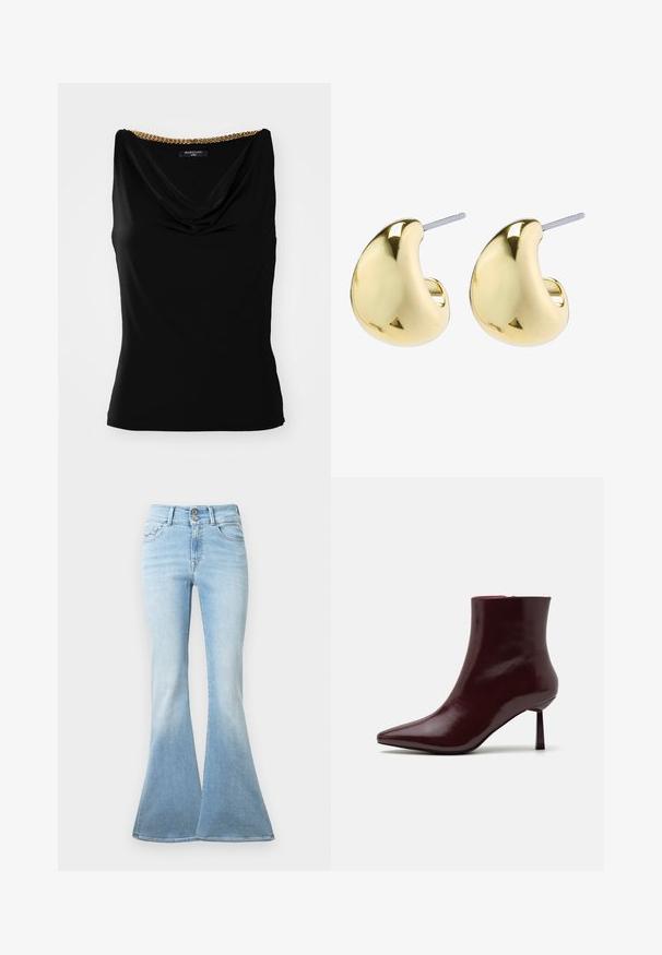Giacca in tweed rosa con una silhouette aderente, zip dorata, quattro tasche frontali e orlo sfilacciato. Presenta un collo a camicia e maniche lunghe.; Top nero senza maniche con scollo drappeggiato e un dettaglio in catena dorata sulla spalla. Realizzato in tessuto morbido con una vestibilità attillata.; Jeans svasati di colore azzurro realizzati in denim. Presentano una vita alta con due bottoni e un leggero sbiadimento verso l'orlo. Design classico a cinque tasche.; Stivale alla caviglia in pelle laccata bordeaux con punta affusolata e tacco stiletto sottile, caratterizzato da una texture liscia e lucida e da un design minimalista.; Orecchini color oro con una forma liscia e arrotondata, caratterizzati da una superficie riflettente e una chiusura a perno per un indossamento sicuro.