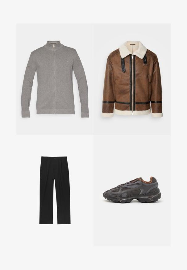 Bruineleren jas met zwarte accenten en een schapenvachtkraag. Heeft een rits aan de voorkant en schouderbanddetails. Gestructureerde afwerking.; Grijze zip-up trui met een hoge kraag, een gestructureerd breipatroon, lange mouwen en een klein logo aan de linkerzijde van de borst.; Zwarte T-shirt met korte mouwen van katoen, met een ronde hals en een klein logo geborduurd op de borst. Soepele textuur, normale pasvorm.; Zwarte broeken met een recht model, gemaakt van een gladde stof. Voorzien van een voorplooien en een enkele knoopsluiting bij de taille.; Lacoste sneakers in donkergrijs van mesh en synthetisch materiaal, met een gestructureerde zool en bruine accenten op de kraag en branding.