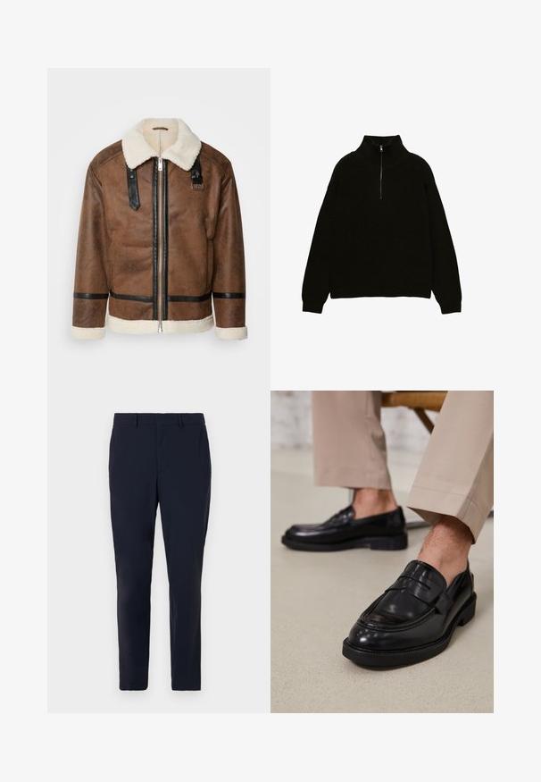Barna bőrkabát fekete díszítéssel és báránybőr gallérral. Elülső cipzárral és vállpánt részletekkel rendelkezik. Griffes felület.; Fekete kötött pulóver magas gallérral és negyedcipzárral. Bordázott textúrával és lejjebb eső vállakkal rendelkezik, hogy kényelmes viseletet biztosítson.; Sötétkék, testre szabott nadrág, szőtt anyagból készült, sima elülső résszel, övhurkokkal és slim fit fazonnal, oldalirányú zsebekkel.; Fekete bőr loaferek sima felülettel, díszítő pánttal és kontrasztos varrással, bézs nadrággal párosítva.