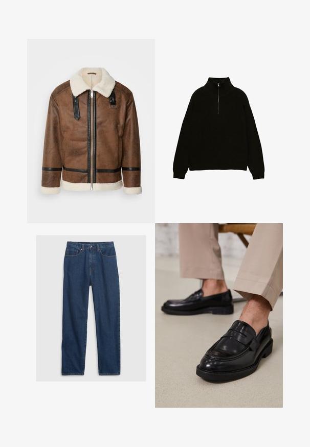 Hnedá kožená bunda s čiernymi akcentmi a ovčím golierom. Má predný zips a detaily na ramene. Štruktúrovaný povrch.; Čierny pletený sveter s vysokým golierom a zipsom na štvrtinu. Obsahuje rebrovanú textúru a spadnuté ramená pre uvoľnený strih.; Džínsy v tmavomodrej farbe so rovný strihom, predným piatimi vreckami, horným gombíkom a mosadznými nitmi.; Čierne kožené poltopánky s hladkým povrchom, so zdobným remienkom a kontrastným prešívaním, skombinované s béžovými nohavicami.