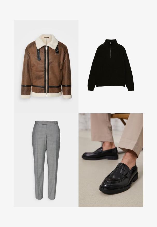 Brun læderjakke med sorte akcenter og en shearlingkrave. Har en frontlynlås og skulderremdetaljer. Tekstureret overflade.; Sort striktrøje med høj krave og kvart lynlås. Har ribbet tekstur og faldne skuldre for en afslappet pasform.; Grå skræddersyede bukser med et diskret ternet mønster, lige pasform og glat tekstur med flad front og bæltestropper.; Sorte lædermokkasiner med en glat overflade, der har en dekorativ rem og kontraststing, parret med beige bukser.