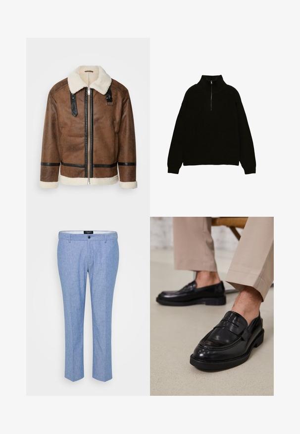 Jachetă din piele maro cu accente negre și guler din blană de oaie. Are fermoar frontal și detalii cu curea pe umeri. Finisaj texturat.; Pulover negru din tricot cu guler înalt și închidere cu fermoar la un sfert. Prezintă o textură ribbed și umeri căzuți pentru un confort sporit.; Pantaloni de culoare albastru deschis, dintr-un material texturat, cu croi drept, bucle pentru curea și un singur nasture frontal de închidere.; Loafers negre din piele cu o finisare netedă, având o curea decorativă și cusături contrastante, asortați cu pantaloni bej.