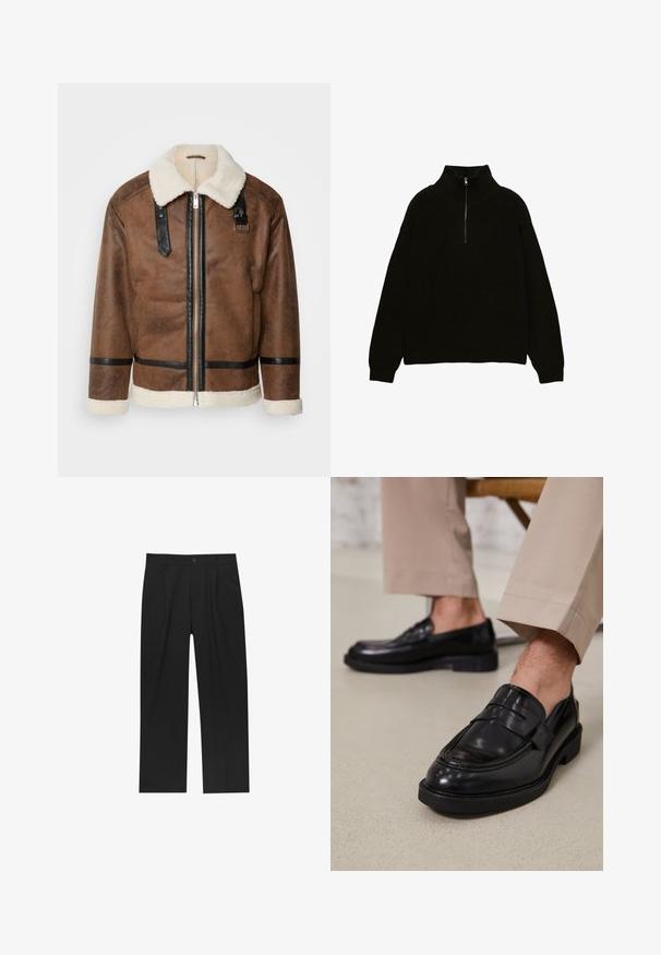 Ruskea nahkatakki mustilla yksityiskohdilla ja lämmittävällä karvatäkilla. Varustettu edessä vetoketjulla ja olkapäähihnalla. Rakenteellinen pinta.; Musta neulepusero korkealla kauluksella ja neljännesvetoketjulla. Tekstuurissa on ribbikuviointi ja olkapäät roikkuvat rentoa istuvuutta varten.; Mustat housut suoranlahkeisella muotoilulla, valmistettu sileästä kankaasta. Ominaisuuksiin kuuluu etupleateet ja yksi nappikiinnitys vyötäröllä.; Musta nahkakengät, joissa on sileä pinta, koristetasku ja kontrastisomistus, yhdistettynä vaaleanbeigeihin housuihin.