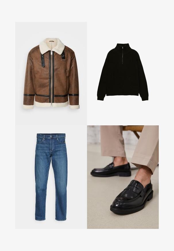 Hnědá kožená bunda s černými akcenty a límcem z ovčí vlny. Obsahuje přední zip a detaily na ramenním popruhu. Texturovaný povrch.; Černý pletený svetr s vysokým límcem a čtvrtzipovým zapínáním. Obsahuje žebrovanou strukturu a spadlé ramena pro pohodlný střih.; Modré džínové kalhoty se středním střihem, s pěti kapsami, předním zapínáním na knoflík a mírným efektem vyblednutí pro texturu.; Černé kožené loafers s hladkým povrchem, zdobené páskem a kontrastním prošíváním, spárované s béžovými kalhotami.