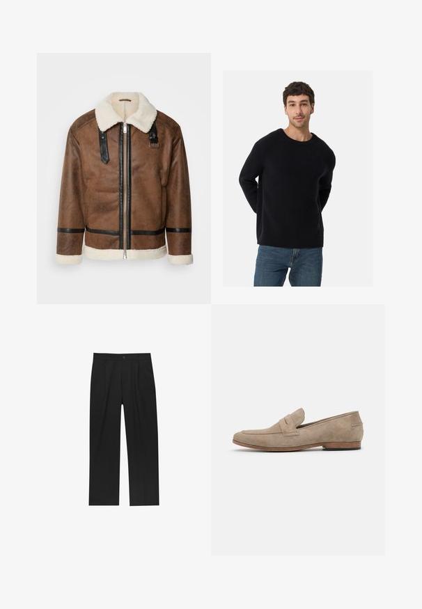 Braune Lederjacke mit schwarzen Akzenten und einem Schaffellkragen. Verfügt über einen Frontreißverschluss und einen Schulterriemen. Strukturierte Oberfläche.; Schwarzer, gerippter Pullover mit Rundhalsausschnitt und lockerer Passform. Weiche Textur, lange Ärmel, kombiniert mit blauen Jeans.; Schwarze Hose mit geradem Schnitt, aus einem glatten Stoff gefertigt. Verfügt über Vorderfalten und einen einzelnen Knopfverschluss an der Taille.; Beiger Wildlederloafer mit minimaler Naht, flachem Absatz und Ledersohle. Verfügt über einen einzelnen Riemenakzent nahe dem Blatt. Flaches Silhouette.