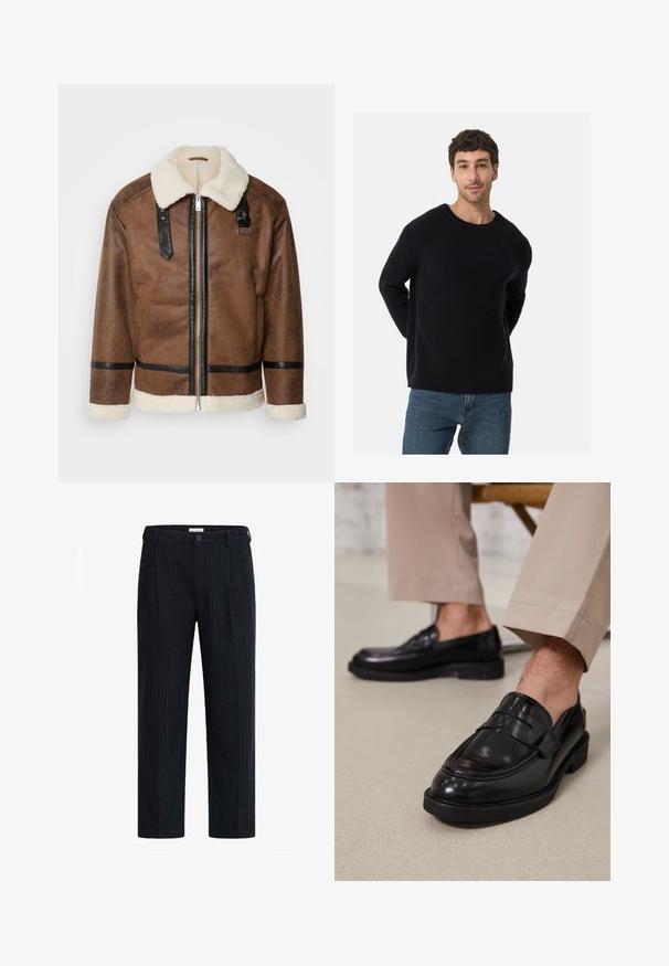 Braune Lederjacke mit schwarzen Akzenten und einem Schaffellkragen. Verfügt über einen Frontreißverschluss und einen Schulterriemen. Strukturierte Oberfläche.; Schwarzer, gerippter Pullover mit Rundhalsausschnitt und lockerer Passform. Weiche Textur, lange Ärmel, kombiniert mit blauen Jeans.; Dunkel gestreifte Hose mit geradem Bein, Knopfverschluss und taillierten Falten, aus einem strukturierten Stoff gefertigt.; Schwarze Lederloafers mit glatter Oberfläche, ausgestattet mit einem dekorativen Riemen und Kontrastnähten, kombiniert mit beigen Hosen.