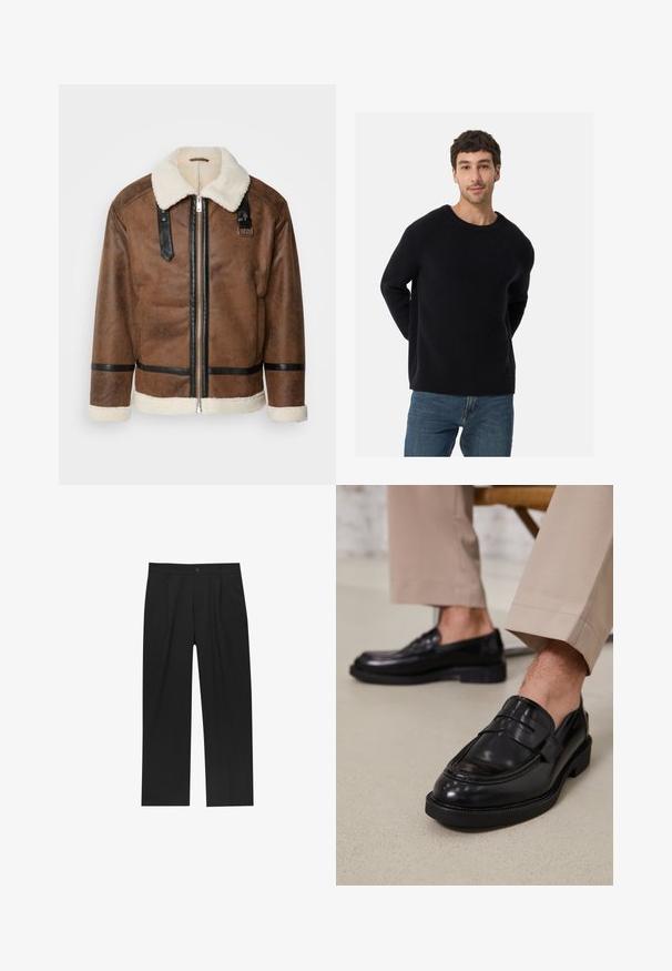 Brązowa skórzana kurtka z czarnymi akcentami i kołnierzem z wełny owczej. Posiada zamek błyskawiczny z przodu i detale na pasku na ramieniu. Teksturowana powierzchnia.; Czarny sweter prążkowany z okrągłym dekoltem i luźnym krojem. Miękka tekstura, długie rękawy, w zestawie z niebieskimi dżinsami.; Czarne spodnie o prostym kroju, wykonane z gładkiego materiału. Posiadają zakładki z przodu i pojedyncze zapięcie na guziki w pasie.; Czarne skórzane mokasyny o gładkim wykończeniu, z dekoracyjnym paskiem i kontrastowym szwem, w połączeniu z beżowymi spodniami.