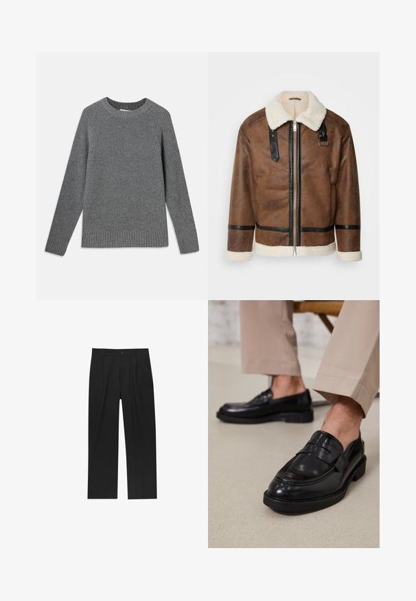 Bruineleren jas met zwarte accenten en een schapenvachtkraag. Heeft een rits aan de voorkant en schouderbanddetails. Gestructureerde afwerking.; Grijze geribbelde trui met lange mouwen, ronde halslijn en gestructureerde stof. Heeft geribbelde boorden bij de mouwen en aan de onderkant.; Zwarte broeken met een recht model, gemaakt van een gladde stof. Voorzien van een voorplooien en een enkele knoopsluiting bij de taille.; Zwarte leren loafers met een gladde afwerking, voorzien van een decoratieve band en contrasterende stiksels, gecombineerd met beige broeken.