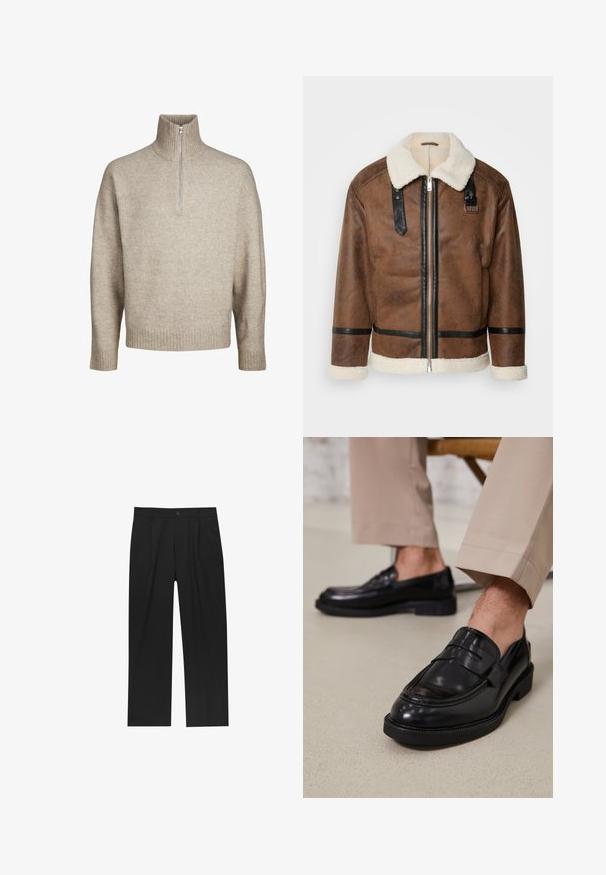 Veste en cuir marron avec des accents noirs et un col en shearling. Présente une fermeture à glissière à l'avant et des détails de sangle aux épaules. Fini texturé.; Jack & Jones JOROLLIE HALF ZIP - Pullover - atmosphere; Pantalons noirs au design droit, fabriqués à partir d'un tissu lisse. Dotés de plis sur le devant et d'une fermeture à un bouton à la taille.; Mocassins en cuir noir avec une finition lisse, ornés d'une sangle décorative et de coutures contrastées, associés à un pantalon beige.
