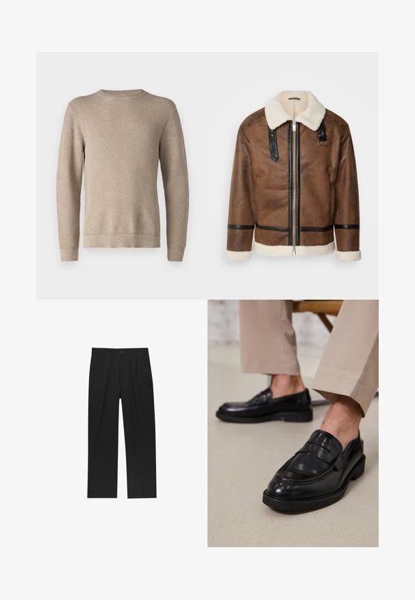 Barna bőrkabát fekete díszítéssel és báránybőr gallérral. Elülső cipzárral és vállpánt részletekkel rendelkezik. Griffes felület.; Beige crewneck pulóver, texturált kötésben, hosszú ujjakkal és egyenes szegéllyel. Az anyag lágy és meleg.; Fekete nadrág egyenes szárú kialakítással, sima anyagból készült. Elöl redők és egy gombos záródás található a derékon.; Fekete bőr loaferek sima felülettel, díszítő pánttal és kontrasztos varrással, bézs nadrággal párosítva.