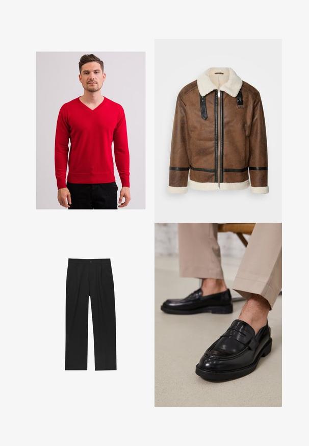 Ruskea nahkatakki mustilla yksityiskohdilla ja lämmittävällä karvatäkilla. Varustettu edessä vetoketjulla ja olkapäähihnalla. Rakenteellinen pinta.; Punainen v-kaula-aukkoinen neulepaita pitkillä hihoilla, valmistettu pehmeästä kankaasta. Varustettu ribbausviimeistelyllä hihoissa ja helmassa, ja käytetään mustien housujen päällä. Yksinkertainen, istuva muotoilu.; Mustat housut suoranlahkeisella muotoilulla, valmistettu sileästä kankaasta. Ominaisuuksiin kuuluu etupleateet ja yksi nappikiinnitys vyötäröllä.; Musta nahkakengät, joissa on sileä pinta, koristetasku ja kontrastisomistus, yhdistettynä vaaleanbeigeihin housuihin.