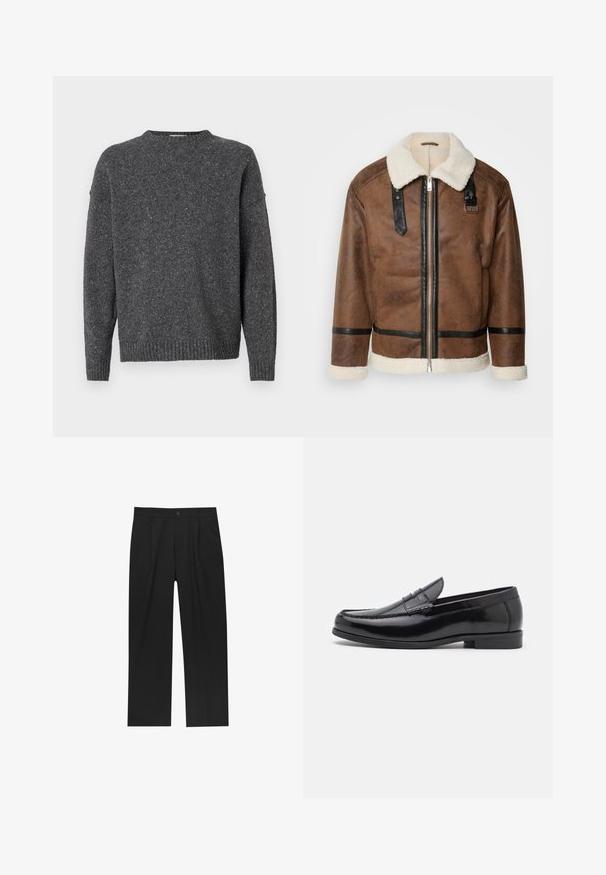 Giacca in pelle marrone con dettagli neri e colletto in pelliccia. Caratterizzata da una cerniera frontale e dettagli sulle spalle. Finitura testurizzata.; Maglione a maglia di un grigio scuro screziato, con maniche lunghe, scollo rotondo e polsini e orlo a coste, esposto su uno sfondo bianco.; Pantaloni neri con un design a gamba dritta, realizzati in un tessuto liscio. Presentano pieghe frontali e una chiusura a un bottone in vita.; Mocassini in pelle nera con punta arrotondata, cuciture decorative e tacco basso. Texture liscia con un leggero lucido. Design classico senza decorazioni.